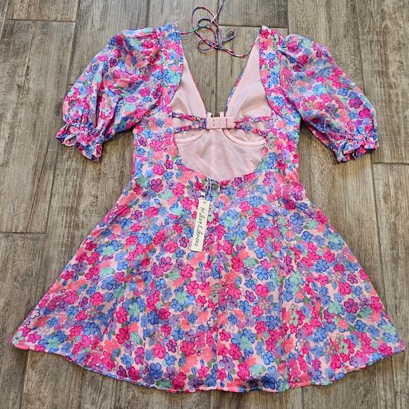 For Love & Lemons Angie Mini Dress Womens L Blue Pink Floral Corset Puff Sleeve - Picture 10 of 16